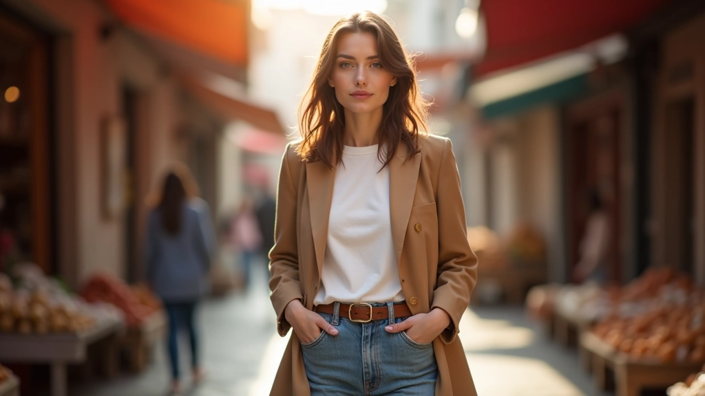 Türk pazarında şık temel parçalar giymiş bir kadın