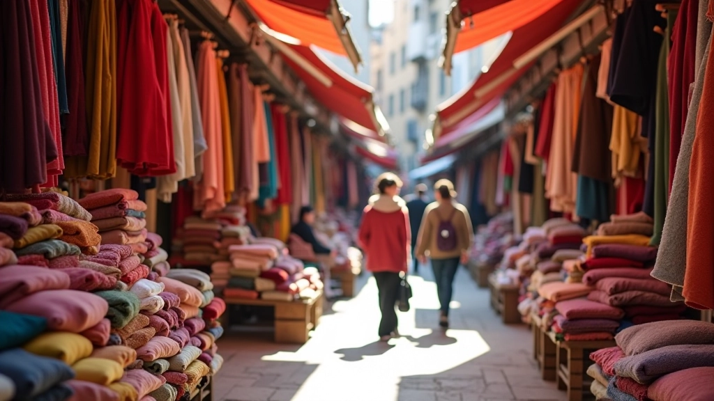 Türk pazarında renkli kumaş ve tekstil ürünleri, tezgahlarda asılı duran çeşitli parçalar