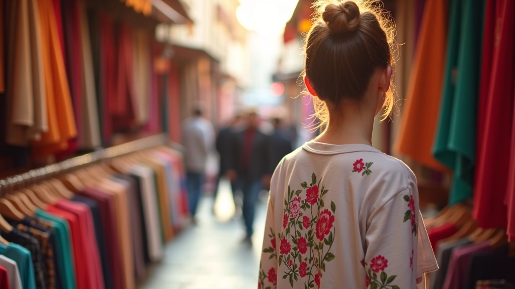 Pazarın canlı atmosferi, tezgahlarda asılı duran renkli parçalar ve alışveriş yapan müşteriler